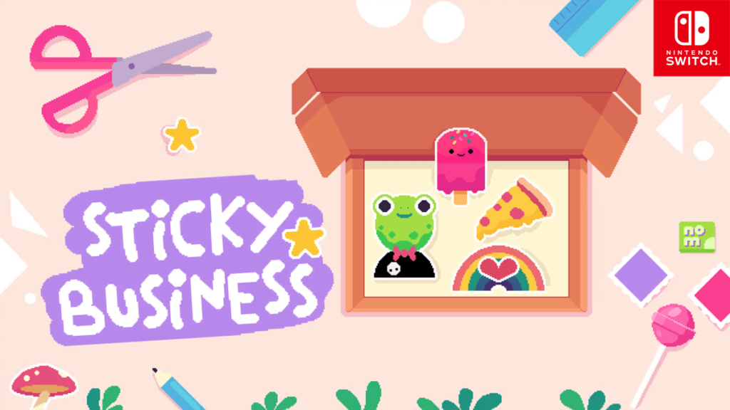 Pixel Graph Cover Photo with the words Sticky Business, featuring cute frog, pizza slice and rainbow