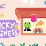 Pixel Graph Cover Photo with the words Sticky Business, featuring cute frog, pizza slice and rainbow